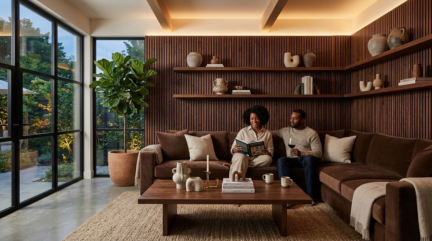 Chocolate Brown and Walnut Wood Modern Living Room